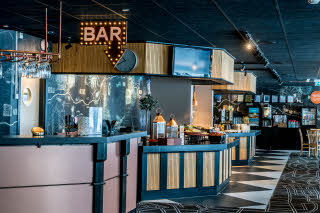 Bar overlooking buffet. 