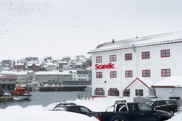 facade at scandic bryggen in honningsvag norway